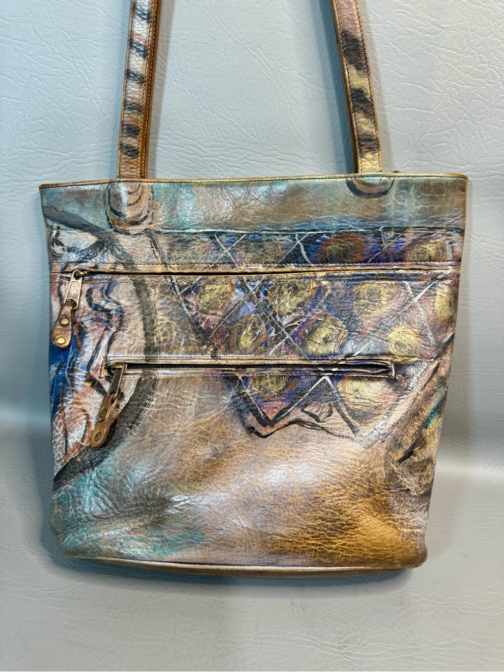Jane Yoo Hand Painted Wearable Art Signed Shoulder Bag Beautiful Leather Fine